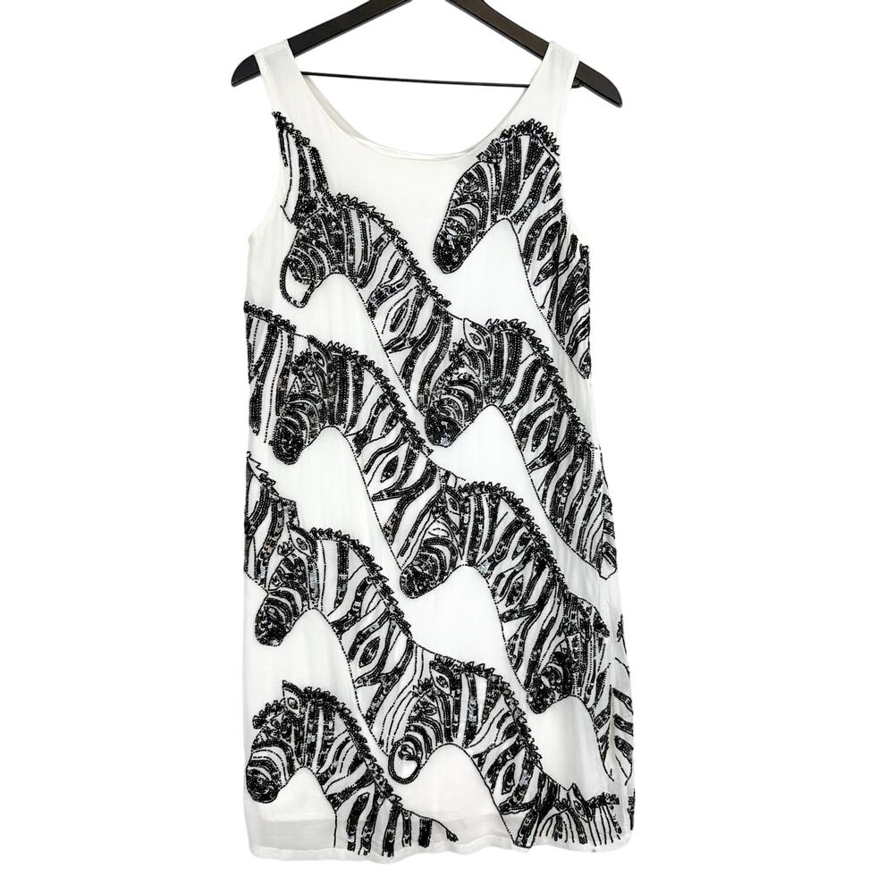 Maeve Anthropologie Beaded Sequins Mini Shift Zebra Dress White Black - S